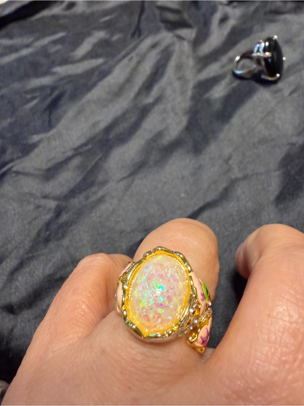 Gold-Tone Opal Cabochon Statement Ring in White-Pink
